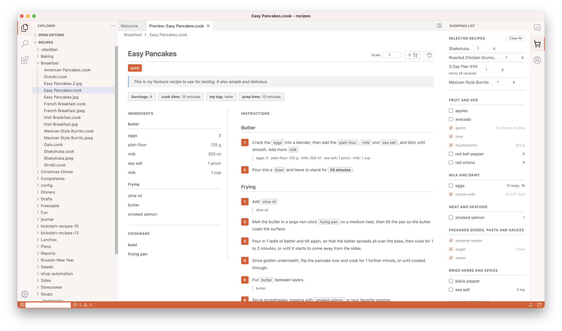Cook Editor desktop app with a Cooklang recipe and live preview